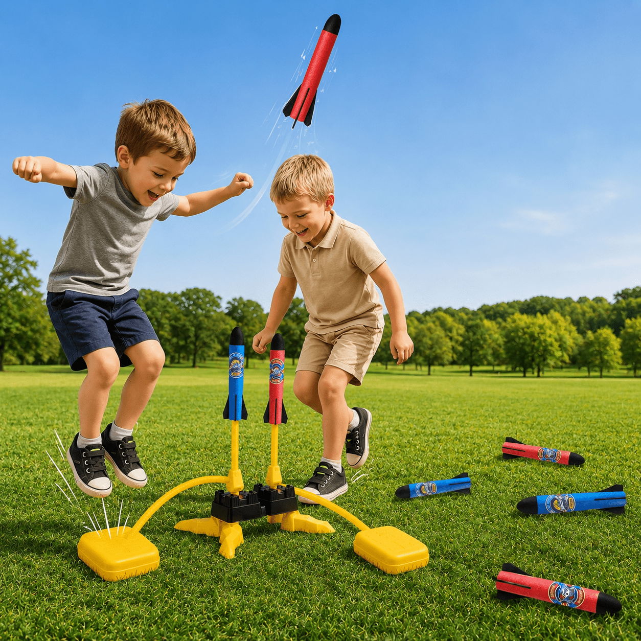 Two children playing with a toy launch set on a grassy field with trees in the background.